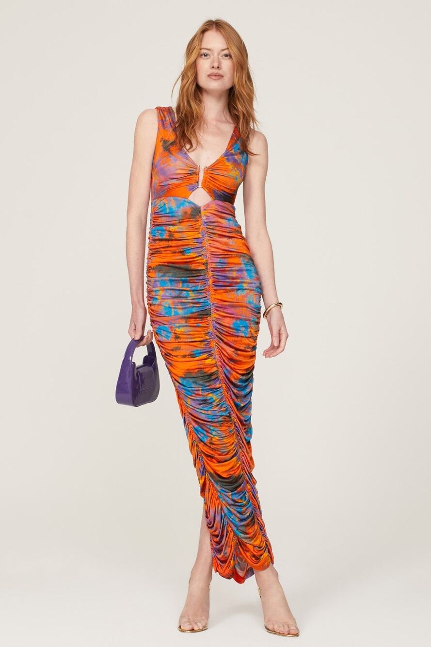 Ronny Kobo Sz S Alexander Orange Tie Dye Ruched Bodycon Sleeveless Maxi Dress